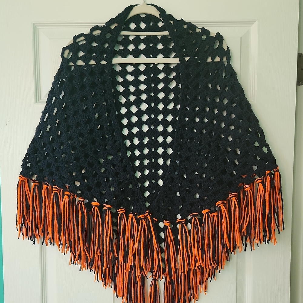 Navy and Orange Crochet Shawl with Fringe